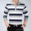 Camiseta de manga larga para hombre de primavera y otoño, holgada, con solapa, a rayas, para usar debajo, bolsillo real, talla grande, top casual para hombre