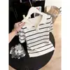 Top de Punto a Rayas Patchwork con Cuello Solapa de Manga Corta, Moda Estilo Coreano para Mujer, Nuevo Modelo Verano 2026, Parte Superior de Atuendo Súper Elegante