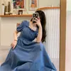 Vestido de Verano Nuevo Delgado Largo con Cuello Cuadrado y Mangas Abullonadas, Estilizador y Elegante para Mujer