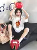 Camiseta Blanca de Manga Corta 100% Algodón para Mujer 2026 Nuevo Popular Verano Estilo Coreano Top Holgado Camiseta con Estampado de Manzana Ins