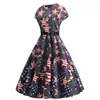 Vestido Retro Estilo Hepburn para Mujer con Cuello Redondo y Mangas Cortas, Estampado de Bandera Americana y Cinta Negra, Vestido de Dobladillo Amplio 8030