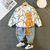 Conjunto de Roupas de Outono para Bebê Crianças Primavera e Outono Meninos Desenho Animado de Animal Gola Redonda Jeans Conjunto de Duas Peças Roupas Infantis Atacado