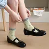 Meias femininas de algodão puro com laços, estilo balé coreano, acabamento em renda, comprimento até a panturrilha, punho com costura dupla, fofas e versáteis, meias femininas sem costura