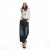 Jeans casuales de pierna ancha para mujer, nuevos de cintura alta adelgazantes holgados modernos azul grisáceo pantalones largos, azul grisáceo longitud extendida por Yichun