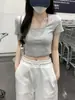 Camiseta de una sola pieza de verano para mujer, cuello cuadrado, hombros descubiertos, manga corta, ombligo expuesto, estilo nicho, chica popular, clavícula expuesta, top de algodón
