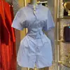 Ropa Femenina Transfronteriza Europea y Americana 2026 Primavera Nuevo Estilo Elegante y a la Moda Vestido Camisa Azul Rayado Ajustado de Manga Corta