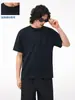 Camiseta de Manga Corta Nueva Holgada de Color Sólido con Bolsillo y Cuello Redondo Acanalado Reforzado de Algodón de Fibra Larga Estilo Japonés Cepillado de Fibra de Carbono para Hombre