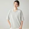 Suéter de cachemira para mujer con cuello en V y dobladillo enrollado, de manga corta, estilo jersey, color liso, corte holgado, casual, versátil, simple, tejido de punto para otoño/invierno