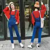 Macacão Jeans Feminino 2025 Estilo Coreano de Cintura Alta com Design Desgastado, Caimento Solto, Emagrecedor, Calça Longa para Mulheres 2025
