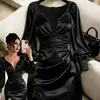 Vestido Corto Elegante de Moda Otoñal para Mujer con Escote en Forma de Corazón de Satén, Parches de Encaje, Plisado, Corte Ajustado y Mangas de Linterna