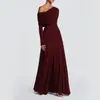 Otoño 2026 Vestido Plisado Ajustado con Patchwork y Cuello Diagonal para Mujer, Manga Larga, Cintura Alta, Color Sólido, Vestido Largo Elegante y Gracioso