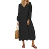 Vestido de Verão Nova Moda Solto de Manga Longa com Decote V Comprimento Médio Cintura Alta Cor Sólida Saia Evasê Atacado Transfronteiriço
