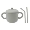 Taza de Silicona para Snacks Infantil Transfronteriza con Doble Asa, Asa, Popote Recto Curvo, Anticaídas, Suave, Taza de Agua Creativa, Taza con Popote