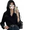 Camisa preta elegante estilo francês para primavera e outono para mulheres, projetada para o trabalho, proteção solar, uso casual e como um top único