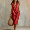 2026 Nuevo Vestido de Vacaciones Casual Holgado de Algodón y Lino con Cuello Oscilante para Mujer, Transfronterizo Europeo y Americano, Amazon