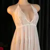 Comercio Exterior Más Vendido Estilo Francés Encaje Pura Tentación Transparente de Tirantes Espalda Descubierta Profunda Camisón Corto de Malla Sexy Ropa de Dormir 712