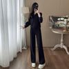 Conjunto Esportivo Casual de Moda Europeia para Mulheres Outono Novo Design Retro Preto Gola V Moletom e Calça de Moletom Conjunto de Duas Peças