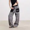 Jeans de Bolsillo con Parche Estampado de Leopardo Retro Americano Transfronterizos Unisex Sueltos de Calle Pierna Ancha Corte Tijera Pantalones Casuales Algodón