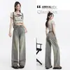 Jeans Wide Leg com Borda de Pelo Estilo Retrô Americano Feminino Outono Cintura Alta Design de Nicho Solto Reta Caída Calças