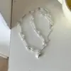 Collar con Colgante de Corazón de Perlas de Lujo Ligero, Cadena Larga de Perlas Transparente para Suéter, Cadena Clavicular Versátil Personalizada para el Trabajo Diario