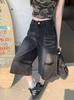 Jeans Americanos Retro Negros Rotos para Mujer, Verano de Cintura Alta Sueltos Rectos de Pierna Ancha Recortados para Figuras Petite