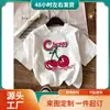 Camiseta Estampada de Cerezas Cuello Redondo Manga Corta Top para Mujer, Wo