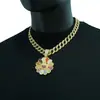 Hip-Hop Europeo y Americano Multicolor Diamante Completo Giratorio Murakami Takashi Girasol Colgante Oro Real Electrochapado Moderno Collar Hip-Hop