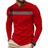 Camiseta de Manga Larga Roja con Cuello Redondo para Hombre con Estampado de Cuadros de Líneas Geométricas Negras y Grises en el Pecho Tela Ligera Transpirable