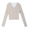 Bie Moda Preguiçosa Senha Bloqueio de Cores Falso Duas Peças Gola V Malha Blusa Feminina Slim Manga Longa Camiseta
