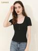 CANVAUS Camiseta de Manga Corta Estilo Coreano para Mujer Botones Cuello Henry Casual Canalé Verano 2023 Color Sólido Top Estilo bm