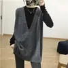 Chaleco de punto retro de cuello en V de longitud media estilo coreano, corte holgado y estilizado, perfecto para usar en capas