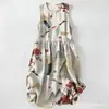 Vestido Casual de Algodão Puro com Estampa Digital Nova, Gola Redonda, Sem Mangas, Comprimento Médio, Para Mulheres, Verão na Praia