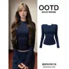 Conjunto casual curto azul-marinho de outono para mulheres, novo estilo 2026, moletom acinturado slim-fit e calça de perna reta, conjunto completo estilo coreano