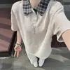 Camisa Polo de Verano Versátil para Hombre Estilo Retro Americano con Parche de Cuadros y Diseño Falso de Dos Piezas