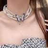 Dulce Fresco Especia Collar de Perlas de Mariposa Azul Multicapa para Mujer Collar Vintage de Lujo Ligero Diseño Nicho Cadena Clavícula de Alta Gama