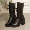 Botas de Mujer Transfronterizas Estilo Europeo Retro Media Pantorrilla Botas Martin Con Cordones Tacón Grueso Suela Gruesa Suela Dentada Botas de Motocicleta Comercio Exterior Grande