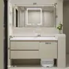 Gabinete de Banheiro de Madeira Maciça à Prova de Umidade com Cuba Integrada de Cerâmica Combinação de Gabinete com Lavatório de Gaveta Dupla Espelho Feng Shui Integrado Gabinete de Banheiro
