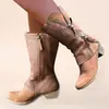 Transfronteiriço Novo Transfronteiriço Comércio Exterior Tamanho Grande Zíper Lateral Salto Grosso Meio da Panturrilha Botas de Cavaleiro Femininas Retro Bico Redondo Tamanho Médio e Grande Sapatos Femininos
