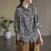 Camisa Plaid Casual de Algodão e Linho de Tamanho Grande, Nova, Solta, Retrô, Japonesa e Coreana para Outono