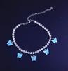 Tobillera de cadena de strass dorado plateado con colgante de mariposa de color acrílico para mujer, tobillera de playa, venta al por mayor