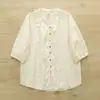 Camisa de Mujer de Algodón Vintage con Encaje Bordado, Manga Corta, Cuello en V, Corte Holgado, Blusa de Moda con Manga 7/8