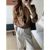 Essencial de Outono Yin HeMarrom Caramelo ItalianoLinho Camisa Reta com Ombro Caído Emagrecedora para Mulheres 2608