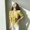 Blusa Amarilla de Gasa de Manga Corta para Mujer de Verano, Nuevo Estilo Francés, de Alta Gama, Muy Bonita, Top Fruncido que Ceñe la Cintura