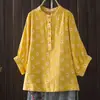 Camisa Estampada de Manga Corta Estilo Japonés con Cuello en V, Mangas Murciélago de Tres Cuartos para Mujer, Verano, Manga Amplia, Doble Capa de Gasa de Algodón, Venta al por Mayor
