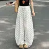 Calça de Bolinhas Brancas para Mulheres, Estilo Fino de Verão, Nova Calça de Sarja de Linho de Perna Larga 2026, Caimento Casual e Relaxado, Estilo Preguiçoso, Calça de Linho com Bainha Curva