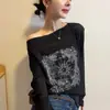 Camiseta de Verano Estampada Hombros Descubiertos para Mujer, Versátil Ropa de Verano, Estilo Nuevo, Delgada, Protectora del Sol, Elegante Top Casual