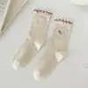 Meias de orelha de pau femininas para primavera e outono meias com renda enrolada laço ins simples versátil estudante meias cano alto