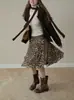 Falda Larga con Estampado de Leopardo Color Café para Mujer, Primavera y Verano, de Cintura Alta, Elegante, Línea A, Adelgazante, Casual, con Volantes, Midi