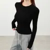 Camiseta de Manga Larga para Mujer con Cuello Redondo de Cachemira y Seda, Top Térmico Cepillado Negro de Otoño