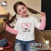 Camiseta de Outono para Meninas 2026 Novo Estilo M e G Infantil Patchwork Estampa de Leopardo Rosa Manga Longa Falsa Duas Peças Camiseta Estilosa